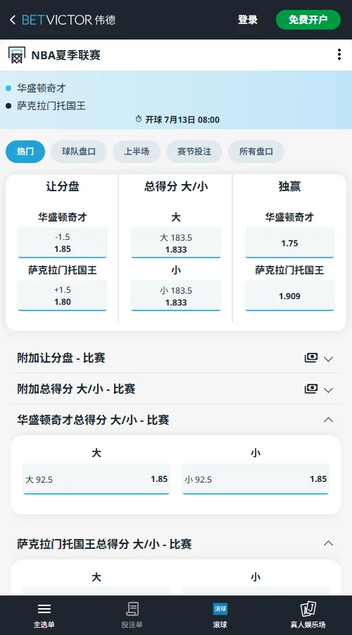 奇才vs国王-NBA夏季联赛博彩赔率和盘口信息-伟德(betvictor)提供