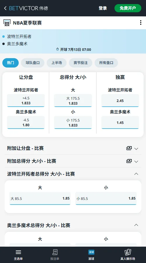 开拓者vs魔术-NBA夏季联赛博彩赔率和盘口信息-伟德(betvictor)提供