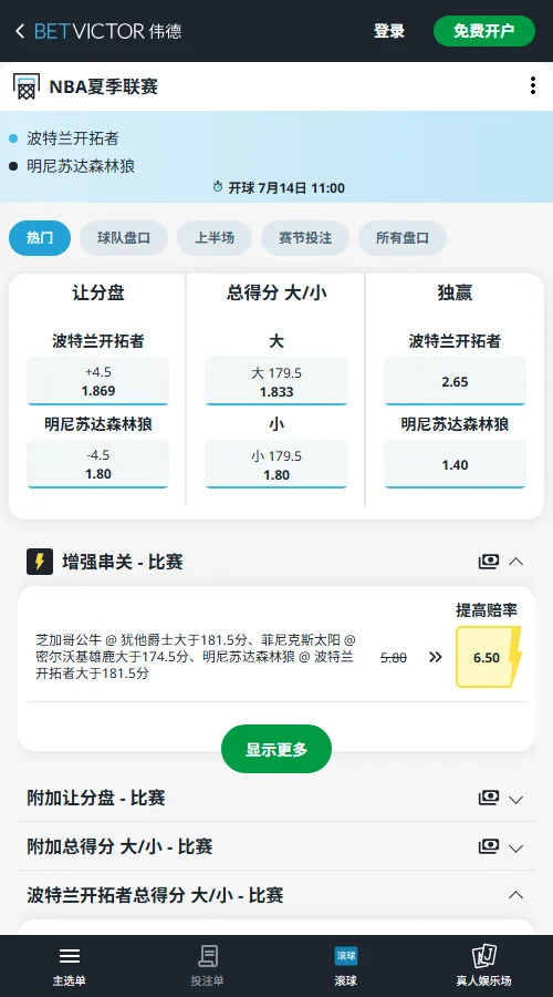 开拓者vs森林狼-NBA夏季联赛博彩赔率和盘口信息-伟德(betvictor)提供