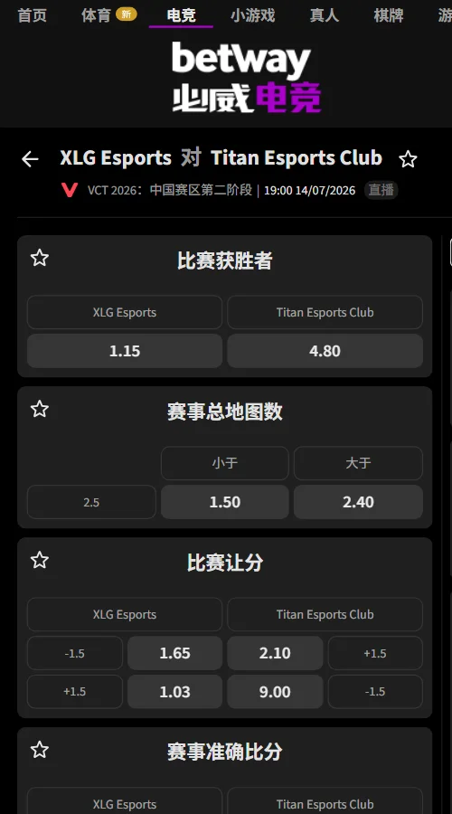 TEC再战XLG - VCT CN2026第二阶段赔率信息必威(Betway)提供