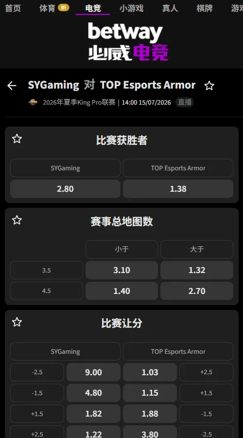 SYG vs 长沙TES.A - 2026王者荣耀KPL夏季赛赔率盘口信息必威(Betway)提供