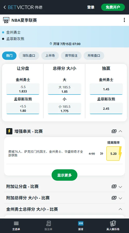 勇士vs灰熊-NBA夏季联赛博彩赔率和盘口信息-伟德(betvictor)提供