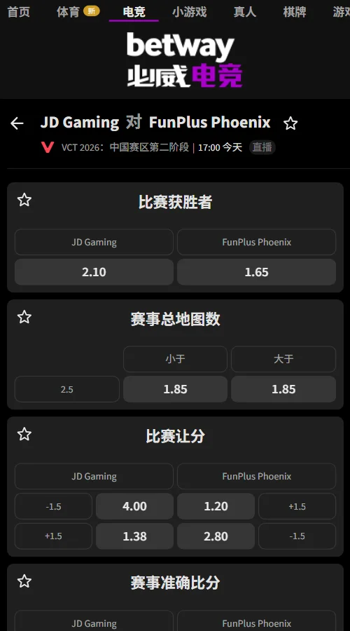 JDG vs FPX - VCT CN2026第二阶段赔率信息必威(Betway)提供