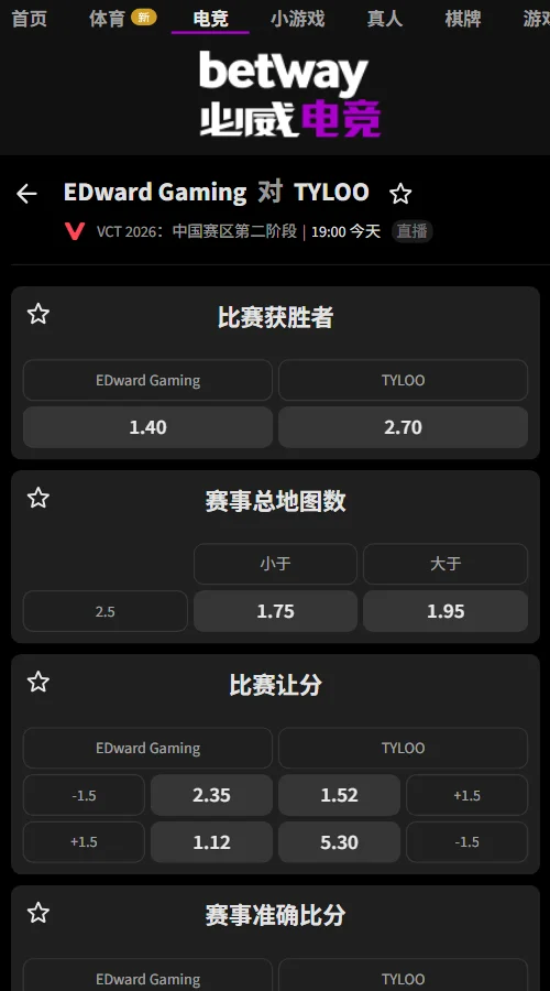 EDG vs TYL - VCT CN2026第二阶段赔率信息必威(Betway)提供