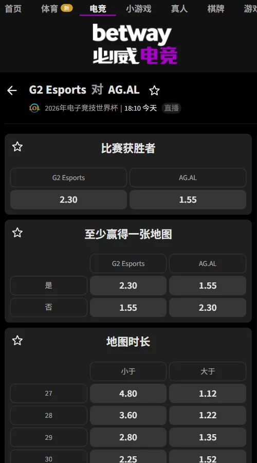 G2 vs AG.AL - 英雄联盟EWC赔率盘口(必威Betway)