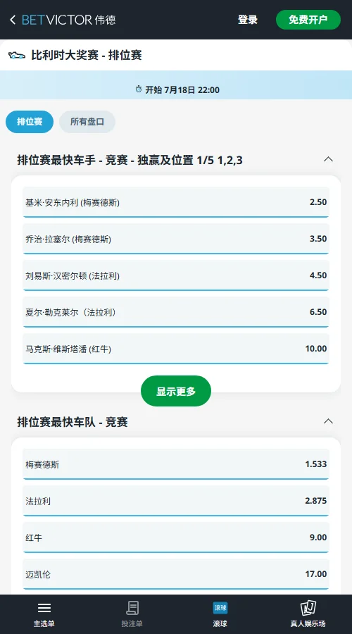 F1比利时大奖赛-排位赛赔率信息-伟德(betvictor)提供