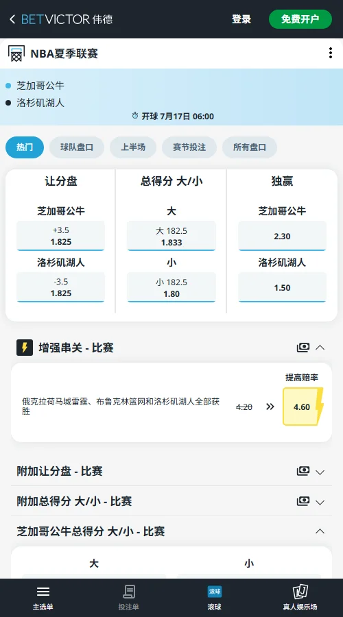 公牛vs湖人-NBA夏季联赛博彩赔率和盘口信息-伟德(betvictor)提供