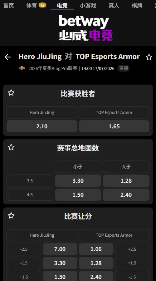 Hero对阵TES.A - 2026王者荣耀KPL夏季赛赔率盘口信息必威(Betway)提供