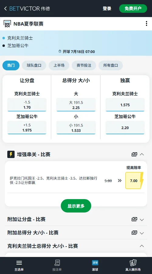 公牛vs骑士-NBA夏季联赛博彩赔率和盘口信息-伟德(betvictor)提供