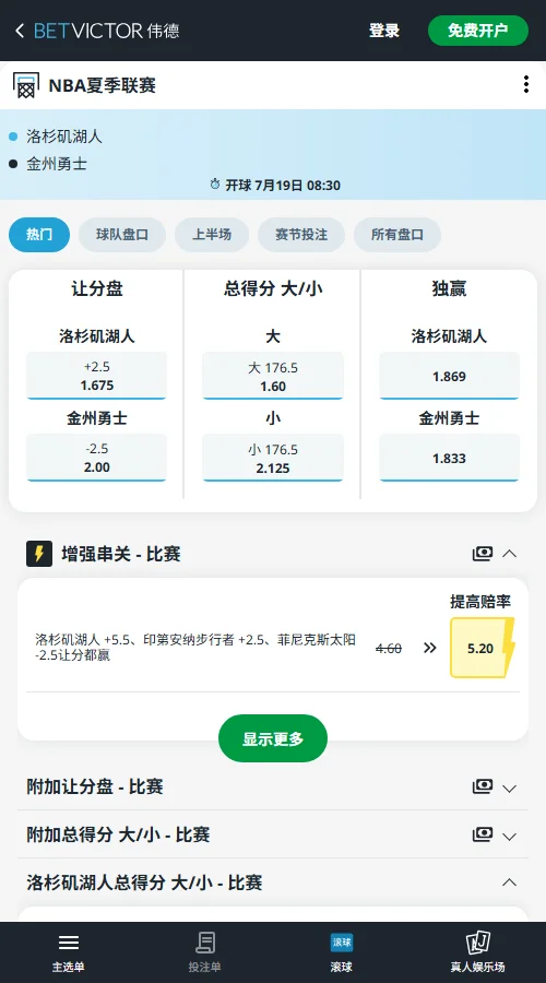 湖人vs勇士-NBA夏季联赛博彩赔率和盘口信息-伟德(betvictor)提供