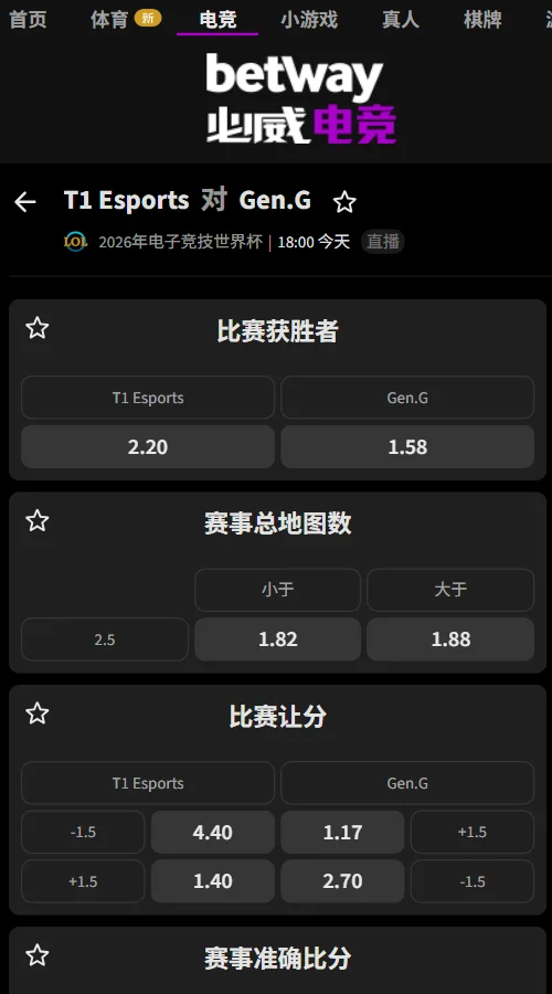 T1 vs GEN - 英雄联盟EWC赔率盘口(必威Betway)