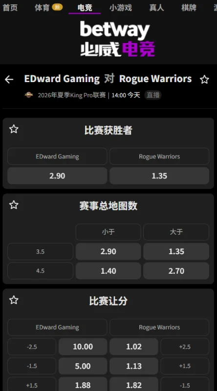 EDG.M vs RW- 2026王者荣耀KPL夏季赛赔率盘口信息必威(Betway)提供