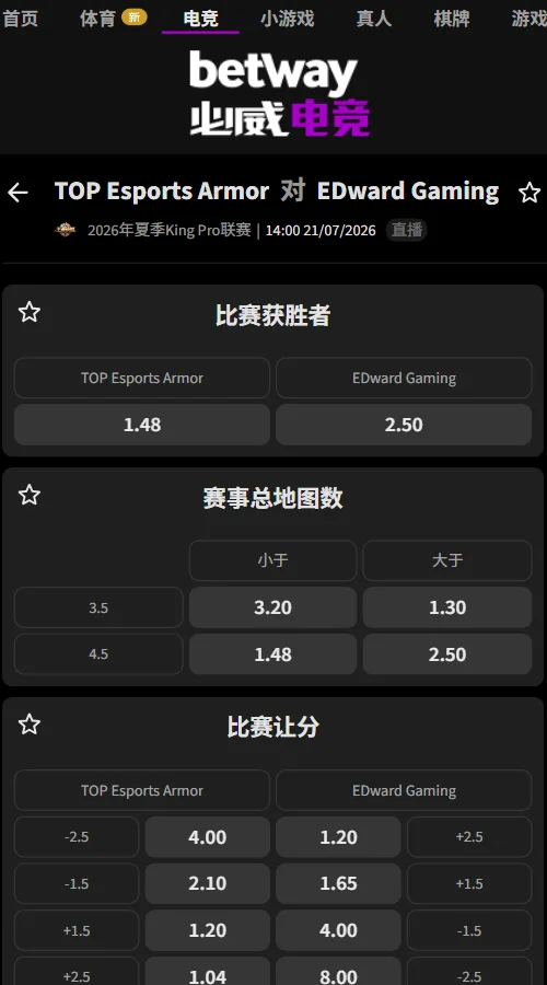 长沙TES.A vs 上海EDG.M - 2026王者荣耀KPL夏季赛赔率盘口信息必威(Betway)提供