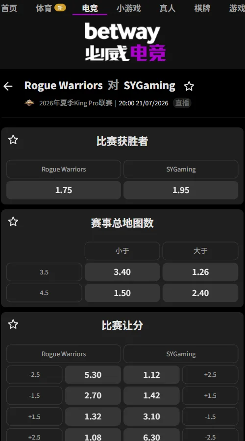济南RW侠 vs SYG - 2026王者荣耀KPL夏季赛赔率盘口信息必威(Betway)提供