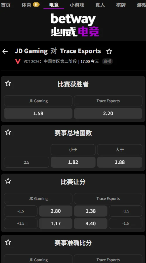 JDG vs TE - VCT CN2026第二阶段赔率信息必威(Betway)提供