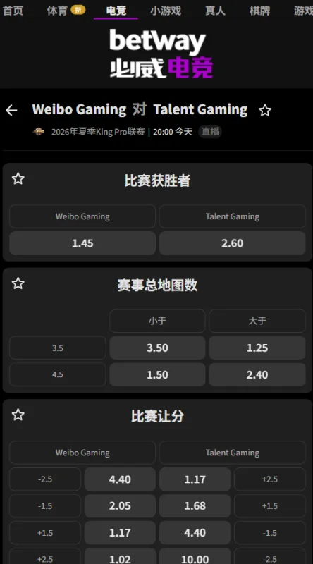 北京WB vs 广州TTG - 2026王者荣耀KPL夏季赛赔率盘口信息必威(Betway)提供