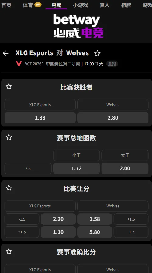 XLG vs WOL - VCT CN2026第二阶段赔率信息必威(Betway)提供