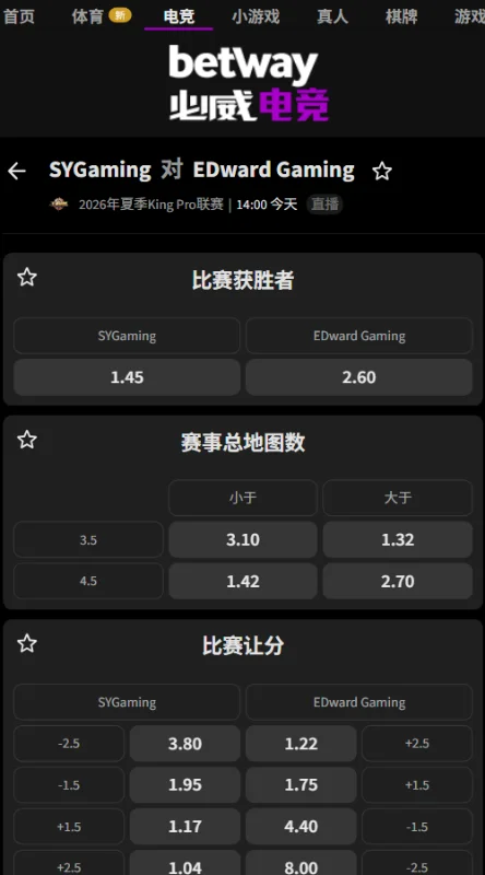 SYG vs 上海EDG.M - 2026王者荣耀KPL夏季赛赔率盘口信息必威(Betway)提供