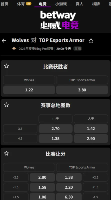 狼队 vs TES.A - 2026王者荣耀KPL夏季赛赔率盘口信息必威(Betway)提供