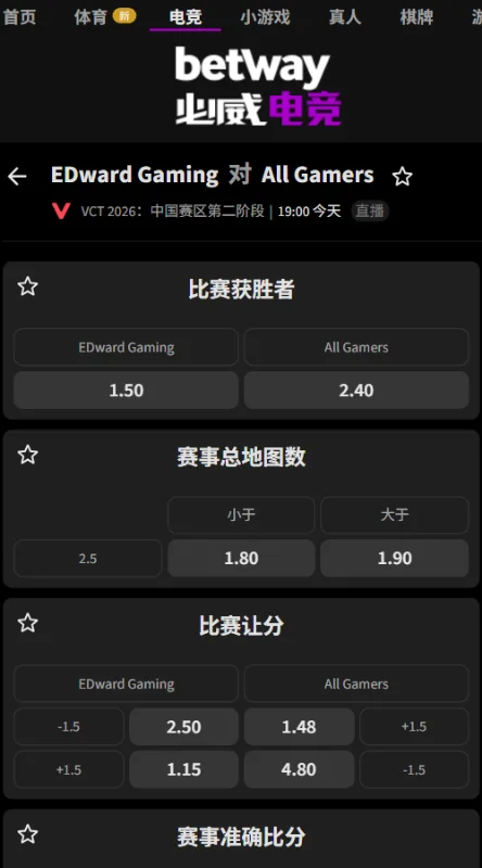 EDG vs AG - VCT CN2026第二阶段赔率信息必威(Betway)提供
