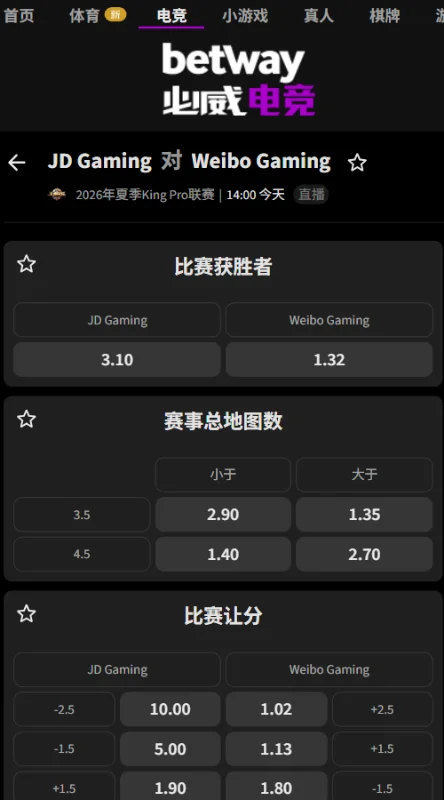 北京JDG vs 北京WB - 2026王者荣耀KPL夏季赛赔率盘口信息必威(Betway)提供