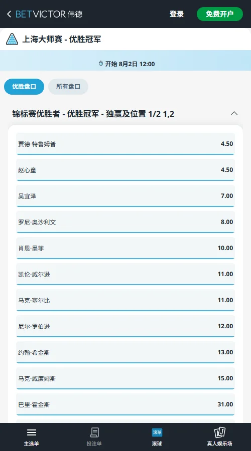斯诺克上海大师赛 - 赔率和盘口信息-伟德(betvictor)提供