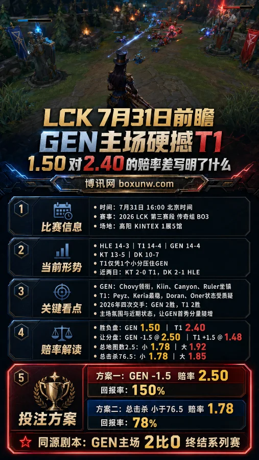LCK 7月31日前瞻：GEN主场硬撼T1，1.50对2.40的赔率差写明了什么