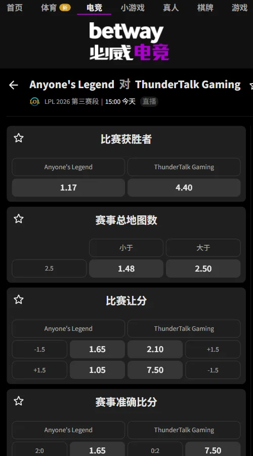 AL vs TT - 英雄联盟LPL赔率盘口(必威Betway)