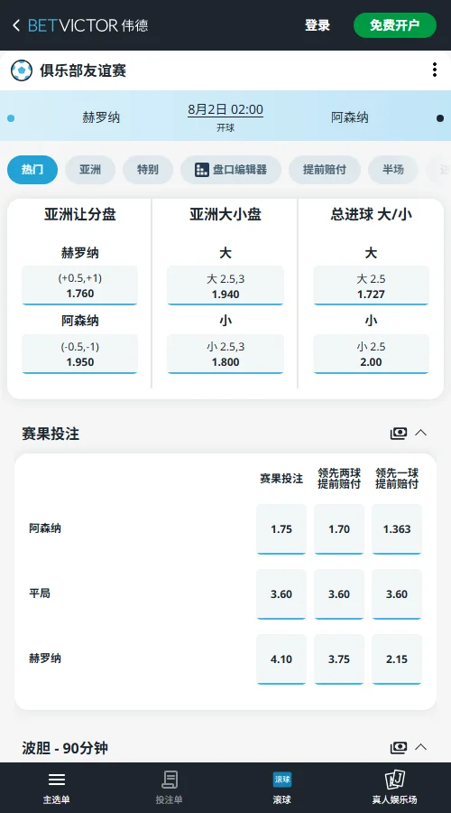 赫罗纳vs阿森纳-国际友谊赛盘口和赔率-伟德(Betvictor)
