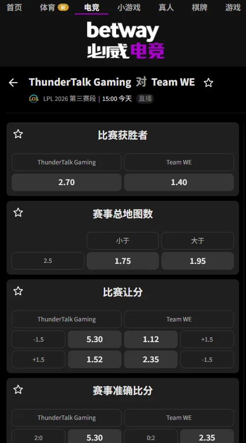 TT vs WE - 英雄联盟LPL赔率盘口(必威Betway)