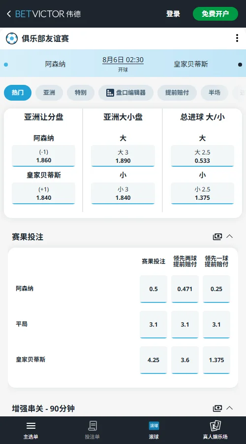 阿森纳vs皇家贝蒂斯-国际友谊赛盘口和赔率-伟德(Betvictor)