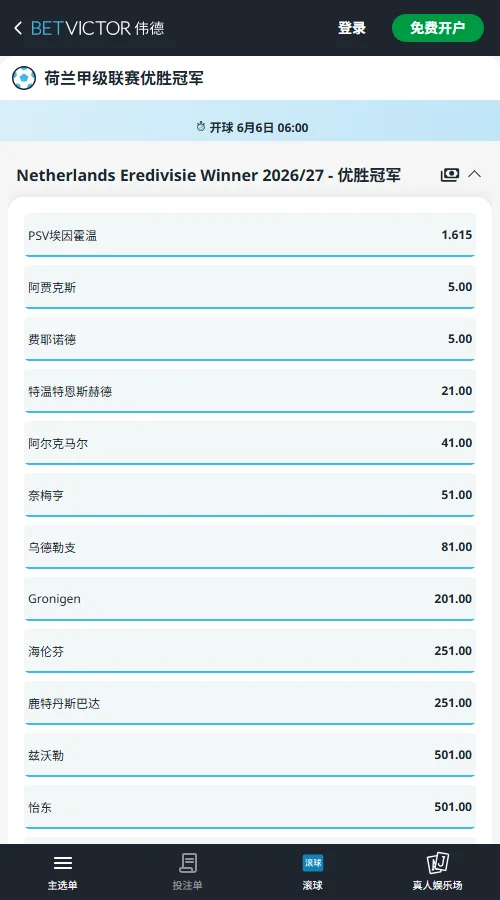 2026/27荷兰甲级联赛赔率和盘口信息-伟德(BetVictor)提供