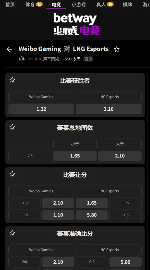 WBG vs LNG - 英雄联盟LPL赔率盘口(必威Betway)
