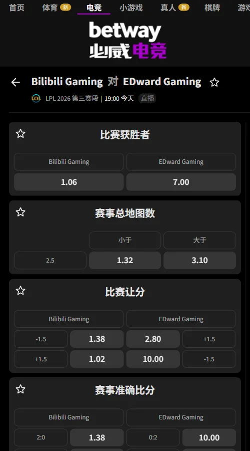 BLG vs EDG 英雄联盟LPL赔率盘口(必威Betway)