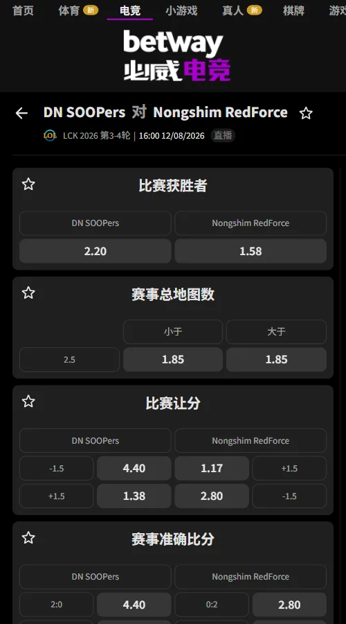 DNS vs NS - 2026英雄联盟LCK - 赔率盘口信息必威(Betway)提供
