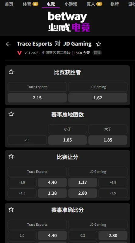 JDG vs TE - VCT CN2026第二阶段赔率信息必威(Betway)提供