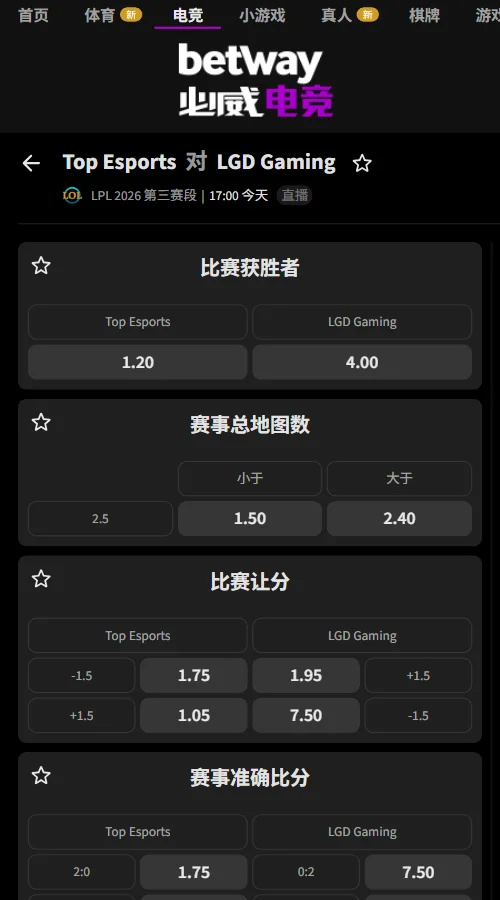 TES对LGD - 英雄联盟LPL赔率盘口(必威Betway)