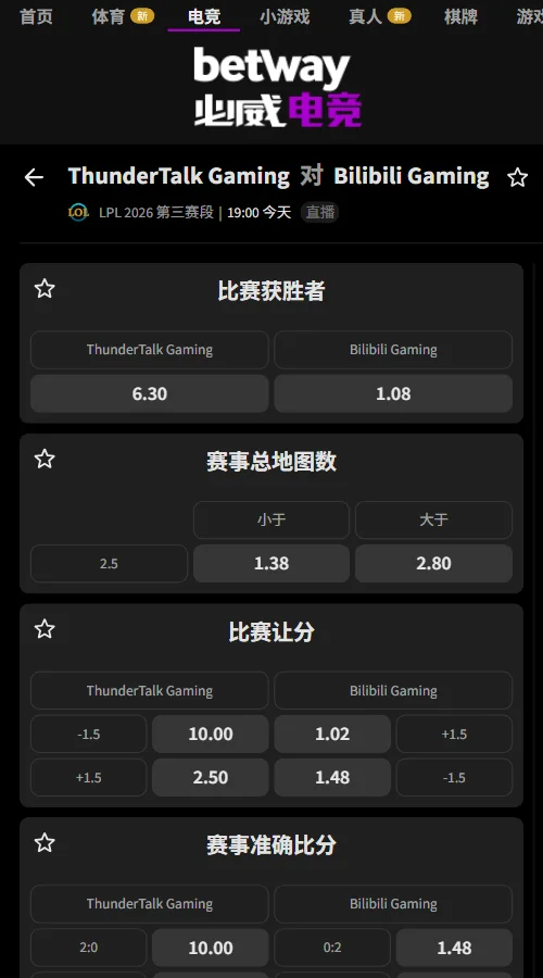 TT vs BLG - 英雄联盟LPL赔率盘口(必威Betway)