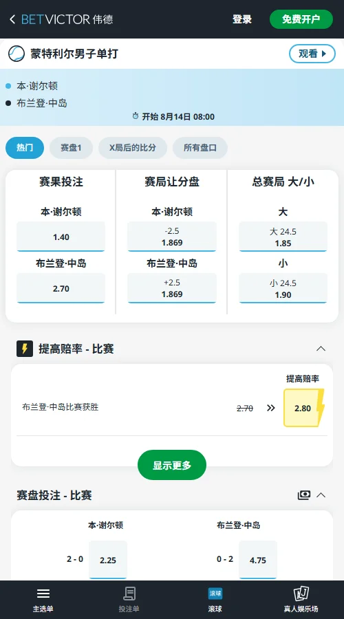 谢尔顿vs中岛布兰登 - ATP1000蒙特利尔男单决赛赔率 - 伟德(BetVictor)提供