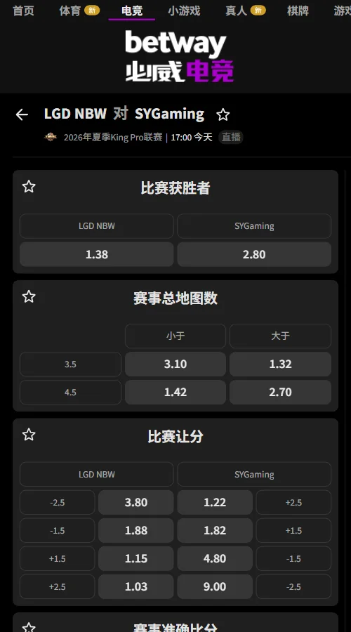 杭州LGD.NBW vs SYG - 2026王者荣耀KPL夏季赛赔率盘口信息必威(Betway)提供