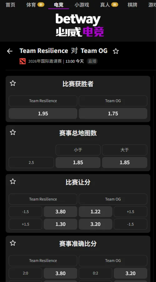 Resilience vs OG - DOTA2 TI15赔率盘口信息由必威(Betway)提供