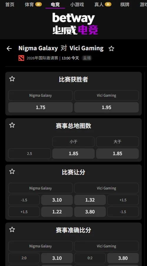 Nigma vs VG - DOTA2 TI15赔率盘口信息由必威(Betway)提供