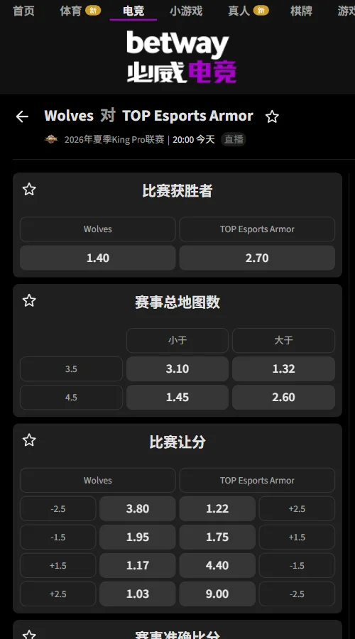 重庆狼队 vs 长沙TES.A - 2026王者荣耀KPL夏季赛赔率盘口信息必威(Betway)提供