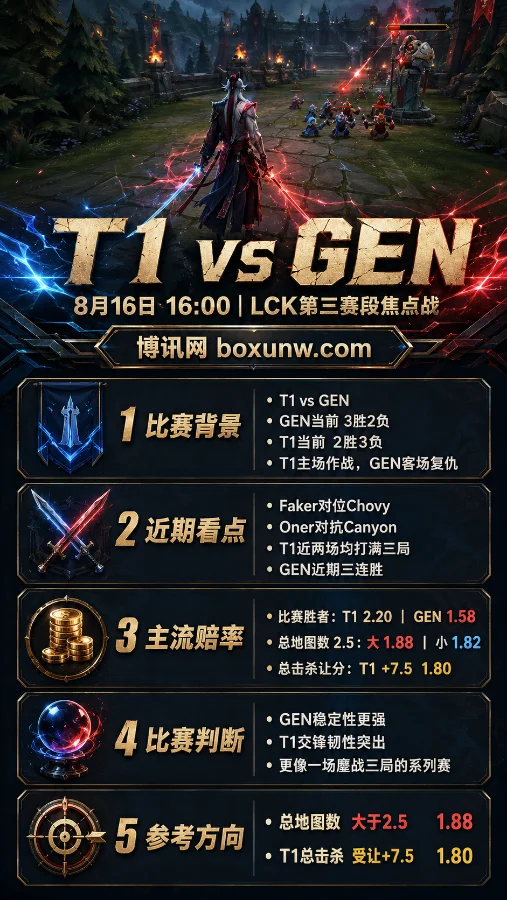 T1 vs GEN | 2026 LCK第三赛段 | 8月16日16:00 | 主场复仇战前瞻与赔率分析