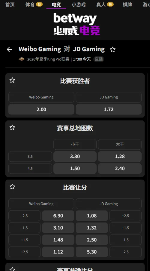 北京WB vs 北京JDG - 2026王者荣耀KPL夏季赛赔率盘口信息必威(Betway)提供
