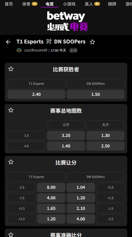 T1 vs DNS - 2026英雄联盟KeSPA杯赔率必威(Betway)提供