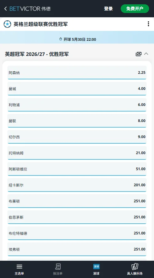 2026/27赛季英超夺冠赔率-伟德(BetVictor)提供