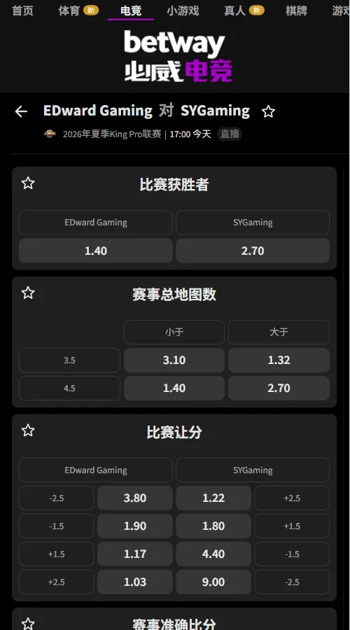 上海EDG.M vs SYG - 2026王者荣耀KPL夏季赛赔率盘口信息必威(Betway)提供