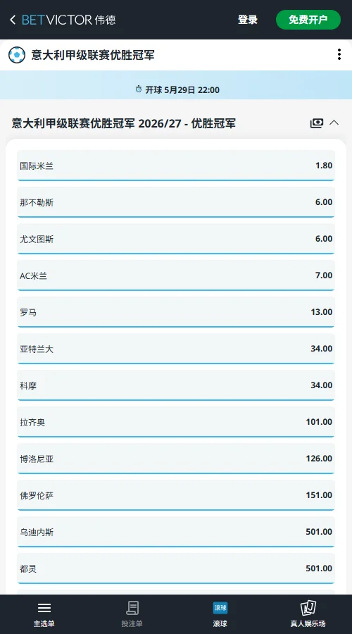 2026/27赛季意甲赔率和盘口信息-伟德(BetVictor)提供