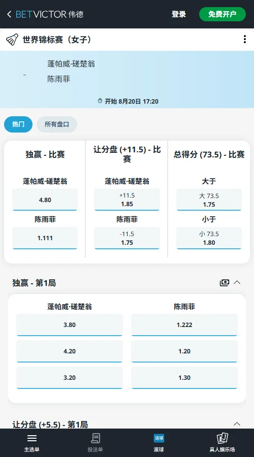陈雨菲 vs 李美妙 - 羽毛球世锦赛赔率-伟德(betvictor)提供